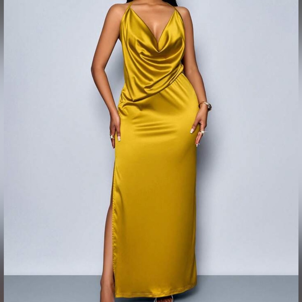 Satin Cowl-Neck Maxi Dress in Mustard Gold